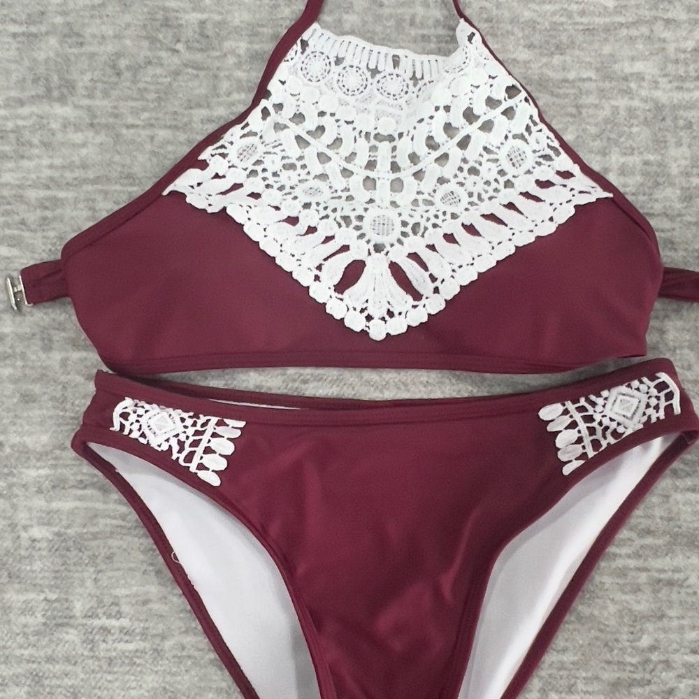 SHEIN Red and White Crochet Bikini Swimwear
